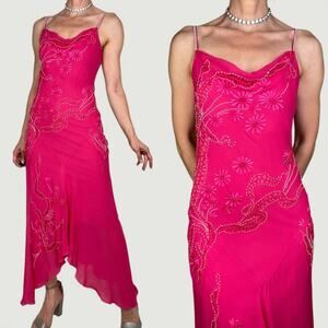 Cache silk embroidered beaded maxi slip dress floral long cocktail formal pink 2
